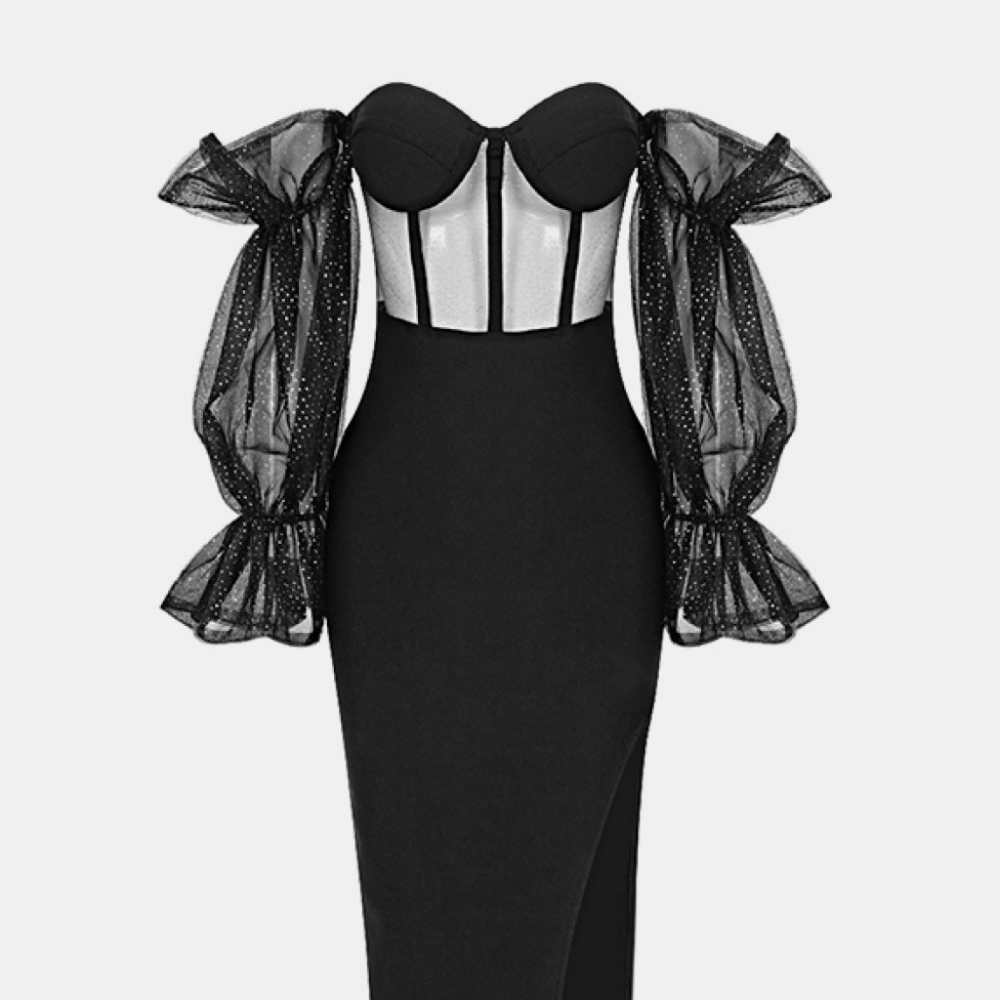 Glitter Mesh Flounce Sleeve Knit Dress